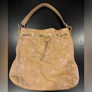 Donald J. Pliner Leather Embroidered Bucket Shoulder Bag Tan Gold Hardware